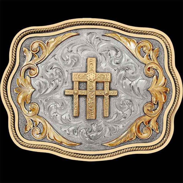 "Designed for everyone. Our Eden Belt Buckle is expertly hand-engraved on a German Silver base, showcasing a stunning two-toned design. This buckle features intricate western-inspired Jewler's Bronze scrollwork that lays beautifully against the rich 